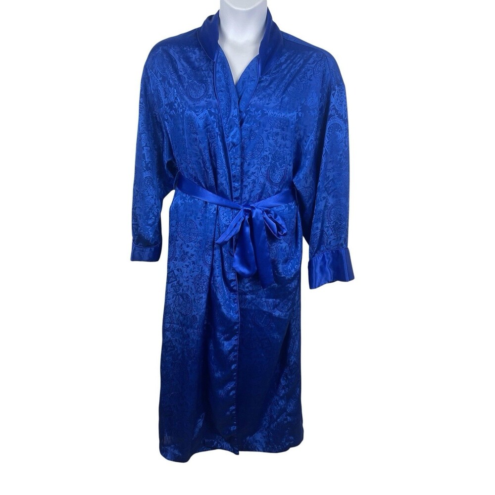 VTG Victoria’s Secret Gold Label Robe Blue Satin Jacquard Long Belted L READ